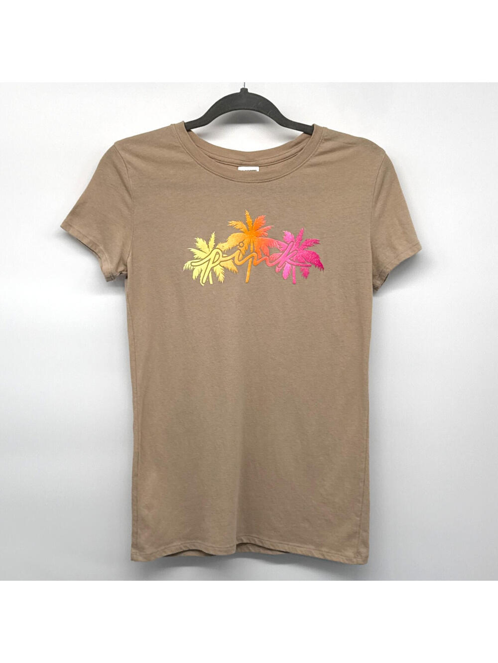 Victoria Secret Pink Ombre Palm Glitter Tee Beige Womens XS Tropical Logo